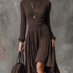 Christine Brewer retro high-neck long-sleeve ribbed knit midi dress, bodycon style, showcasing fitted silhouette and classic design.