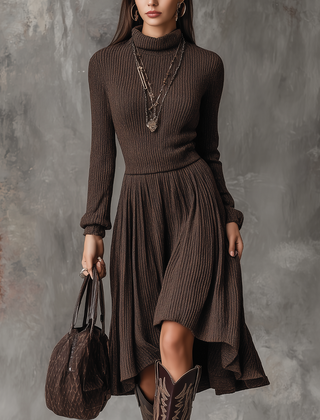 Christine Brewer retro high-neck long-sleeve ribbed knit midi dress, bodycon style, showcasing fitted silhouette and classic design.