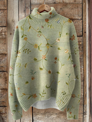 Women’s floral graphic sweater by Christine Brewer featuring colorful flower patterns on a cozy knit fabric.