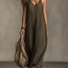 Olive green knit sleeveless maxi dress by Christine Brewer, casual style with a flowy silhouette and comfortable fit.