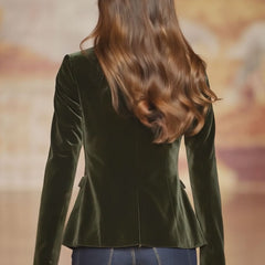 Dark green velvet blazer for women with gold button details, stylish jacket from Christine Brewer.