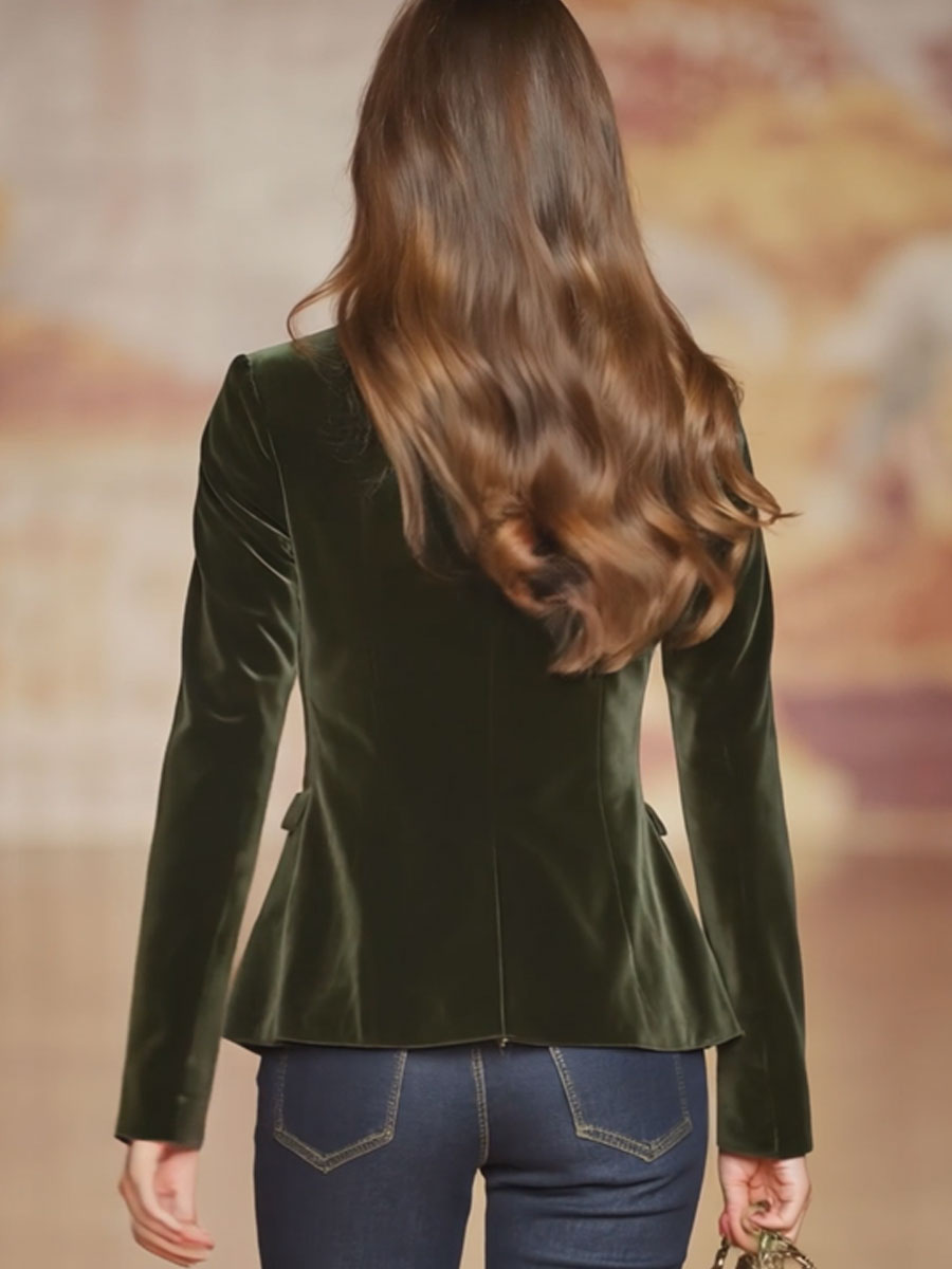 Dark green velvet blazer for women with gold button details, stylish jacket from Christine Brewer.