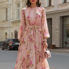 Blush floral chiffon A-line midi dress for women by Christine Brewer, featuring a flowy skirt and floral pattern.