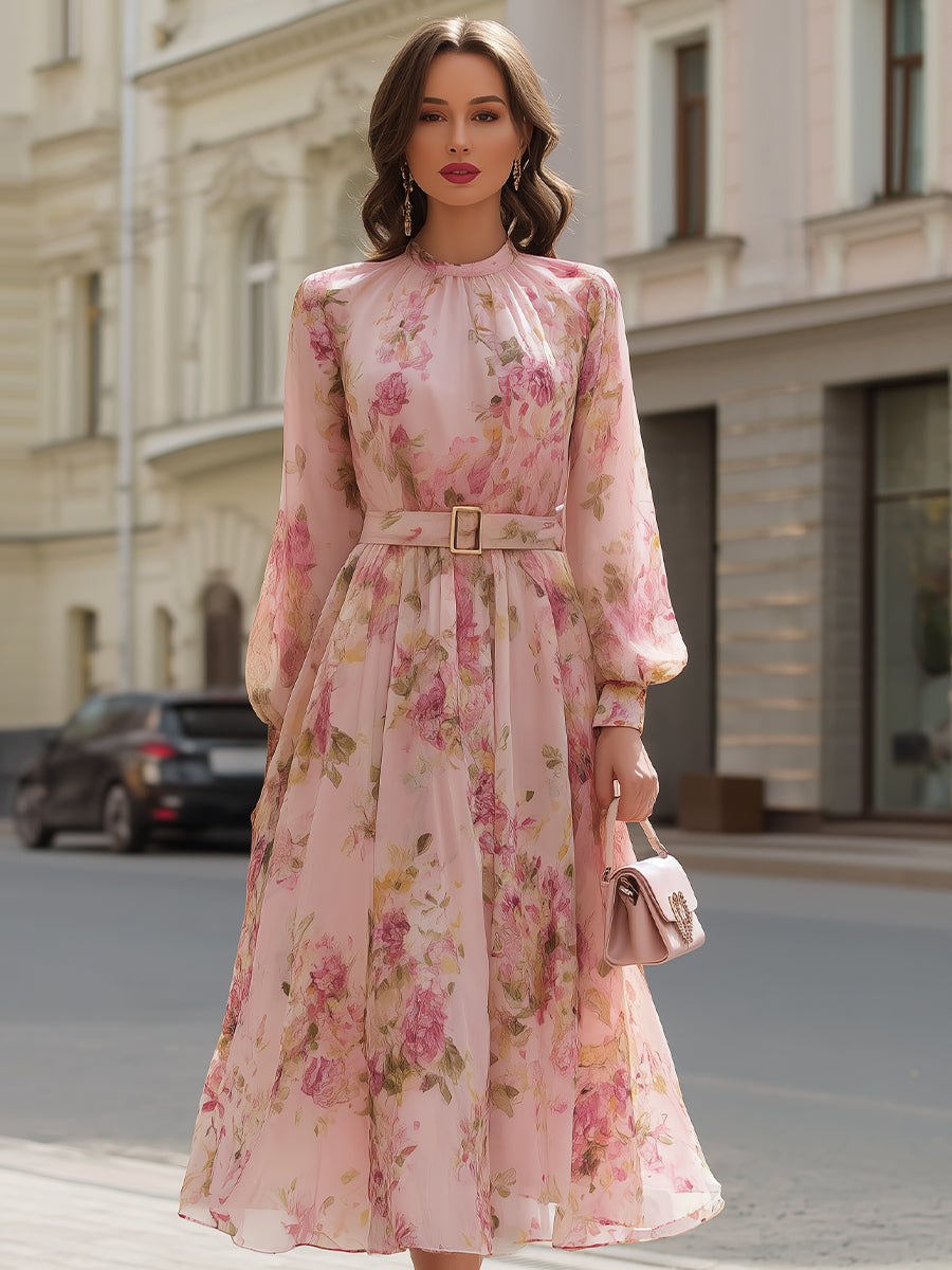 Blush floral chiffon A-line midi dress for women by Christine Brewer, featuring a flowy skirt and floral pattern.