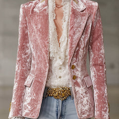 Pink velvet blazer for women with gold button details, stylish jacket from Christine Brewer.
