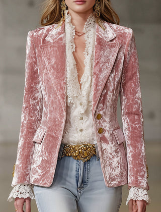 Pink velvet blazer for women with gold button details, stylish jacket from Christine Brewer.