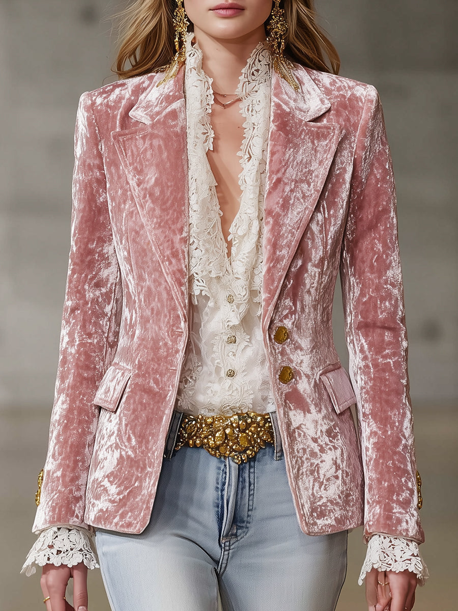 Pink velvet blazer for women with gold button details, stylish jacket from Christine Brewer.
