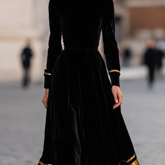 Elegant velvet midi dress with gold trim by Christine Brewer, featuring a fitted silhouette and sophisticated design.