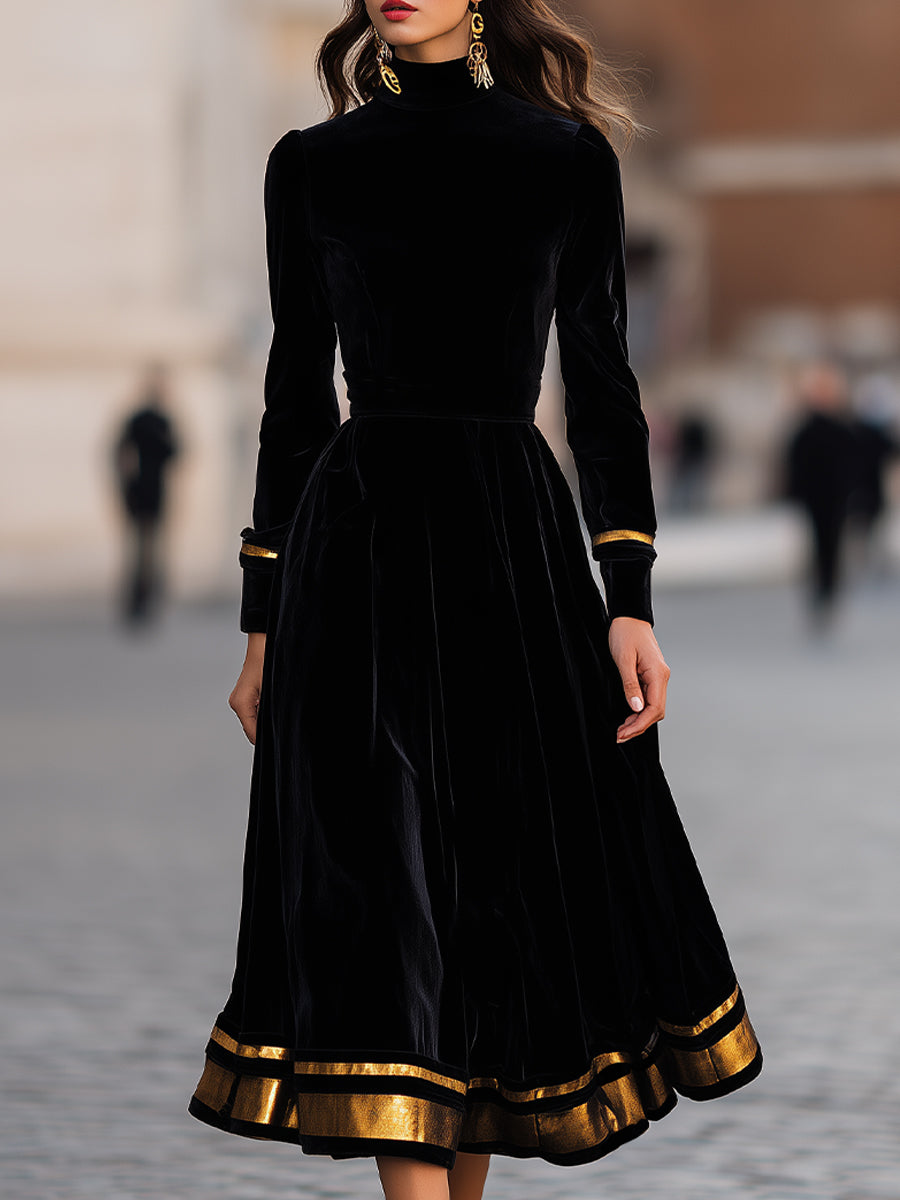 Elegant velvet midi dress with gold trim by Christine Brewer, featuring a fitted silhouette and sophisticated design.