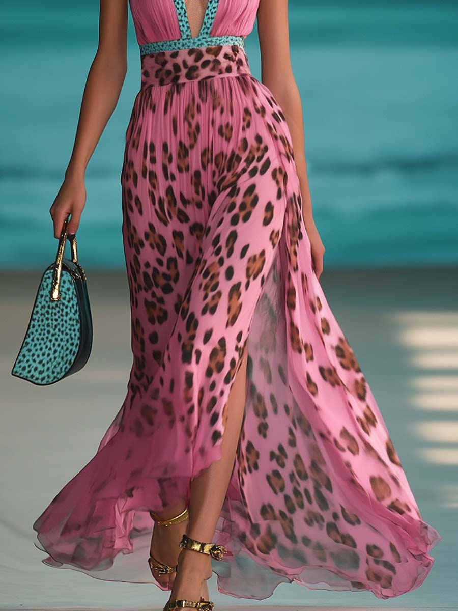 Pink chiffon V-neck maxi dress for women by Christine Brewer, flowing fabric and elegant design perfect for formal occasions.