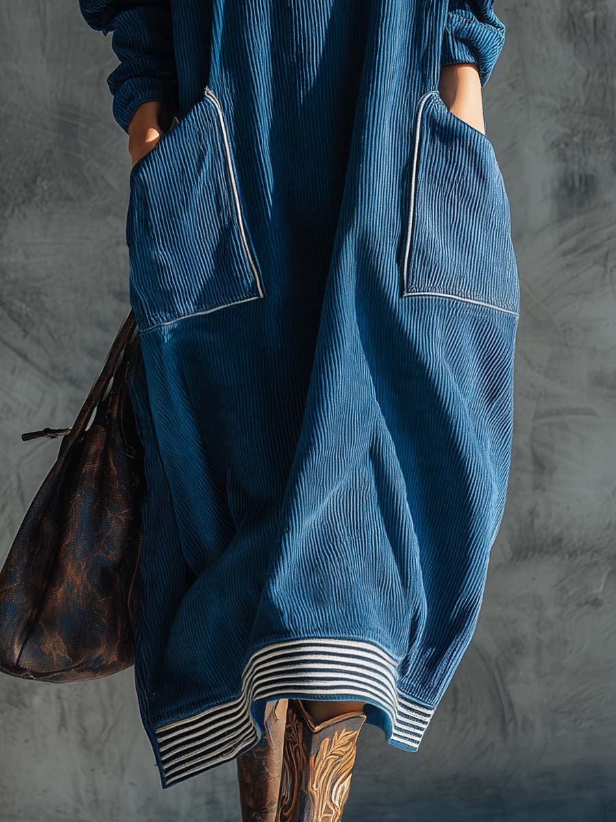 Blue corduroy midi dress by Christine Brewer, casual dress with long sleeves and fitted waist, displayed on a hanger.