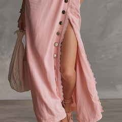 Pink lace V-neck midi dress by Christine Brewer, featuring elegant evening dress design with intricate lace details.
