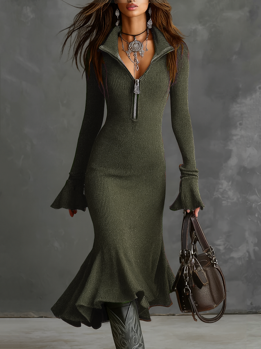 Christine Brewer women's knit midi dress, showcasing a stylish, fitted dress with long sleeves and a ribbed texture.