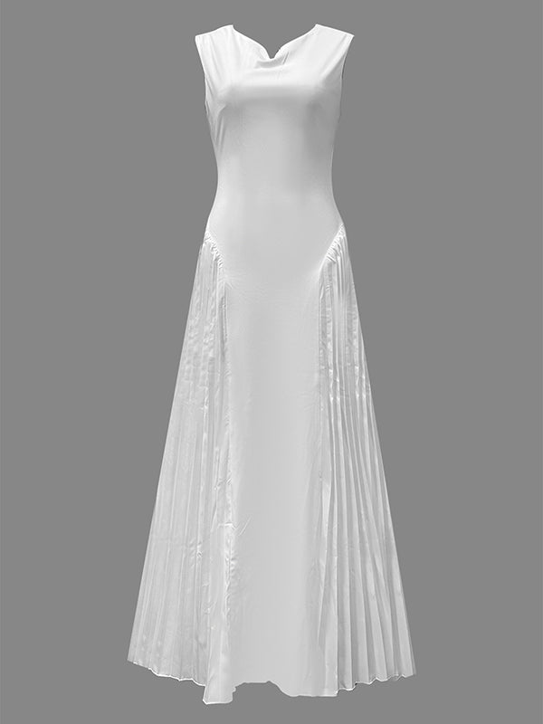 White Christine Brewer A-line maxi dress with loose pleats, V-neck, and solid color, perfect for elegant summer occasions.