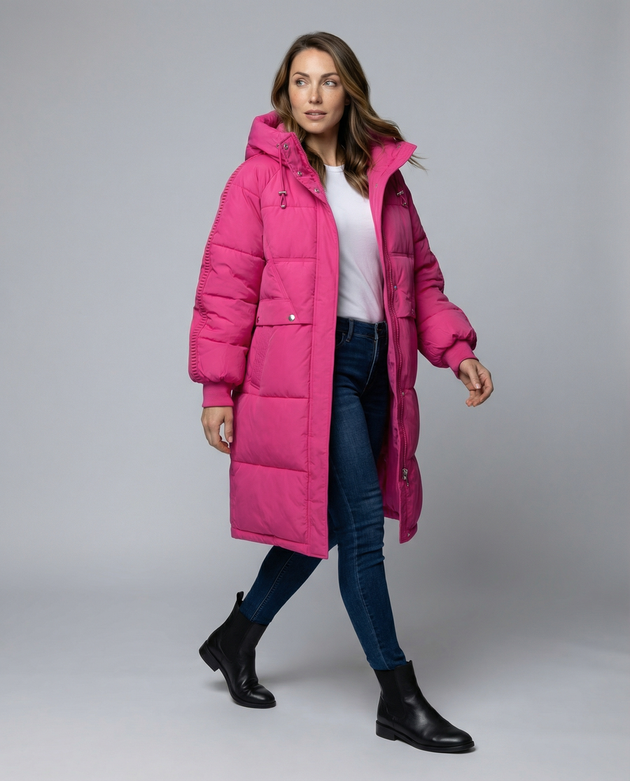 Oversized pink puffer jacket for women by Christine Brewer featuring a rose design, full front view, warm winter outerwear.