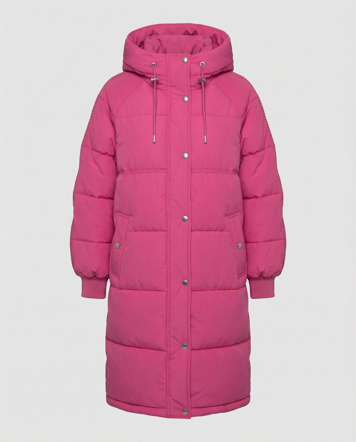 Oversized pink puffer jacket for women by Christine Brewer, featuring a soft rose color and quilted design for warmth.