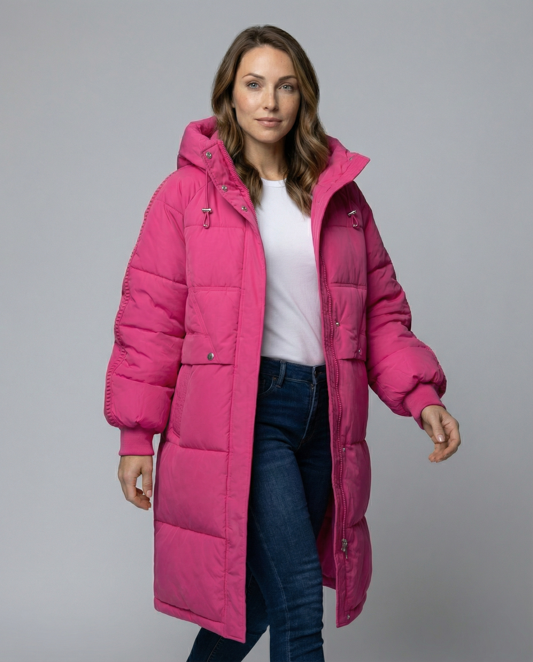 Anne Johansen oversized pink puffer jacket for women by Christine Brewer, featuring a quilted design and high collar.