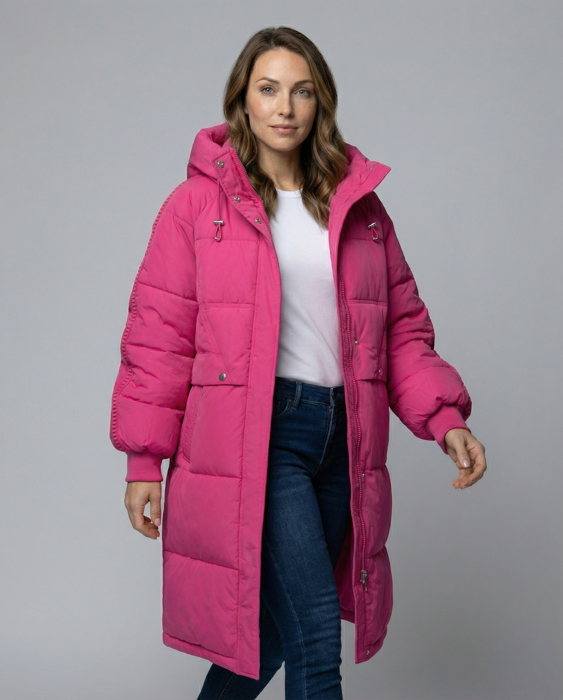 Anne Johansen oversized pink puffer jacket for women by Christine Brewer, featuring a quilted design and high collar.