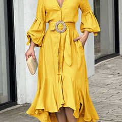White high-low puff sleeve pleated maxi dress with lapel collar by Christine Brewer, stylish and elegant for special occasions.