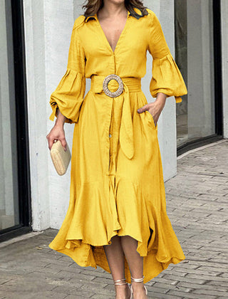 White high-low puff sleeve pleated maxi dress with lapel collar by Christine Brewer, stylish and elegant for special occasions.