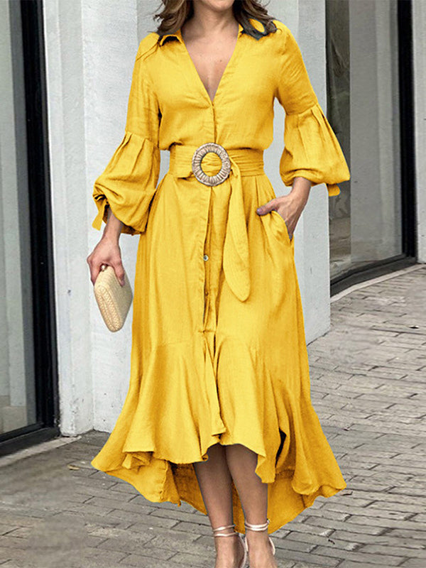 White high-low puff sleeve pleated maxi dress with lapel collar by Christine Brewer, stylish and elegant for special occasions.