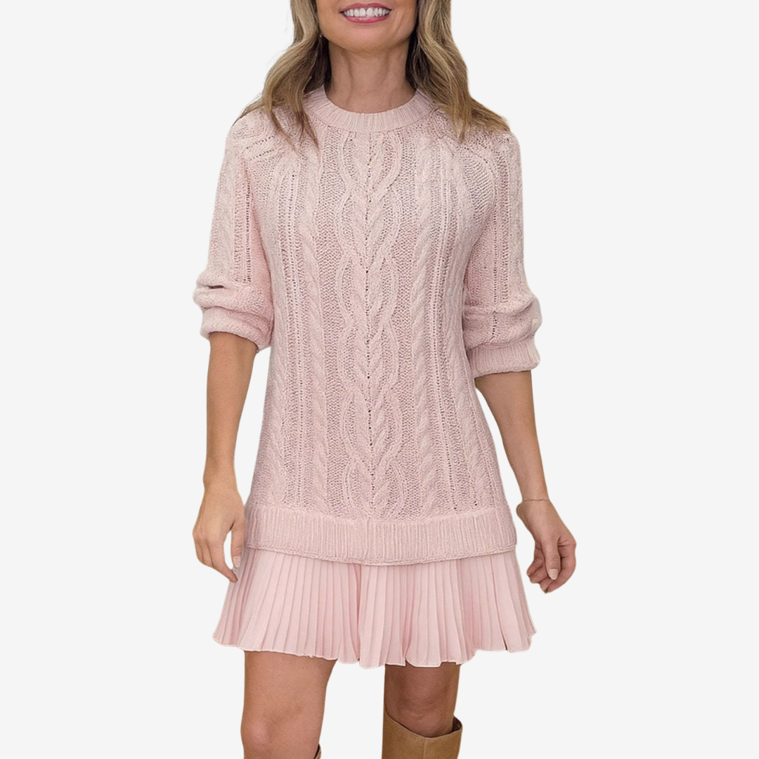 Christine Brewer Leslie knit sweater dress for women, featuring a cozy, fitted design with long sleeves and ribbed details.