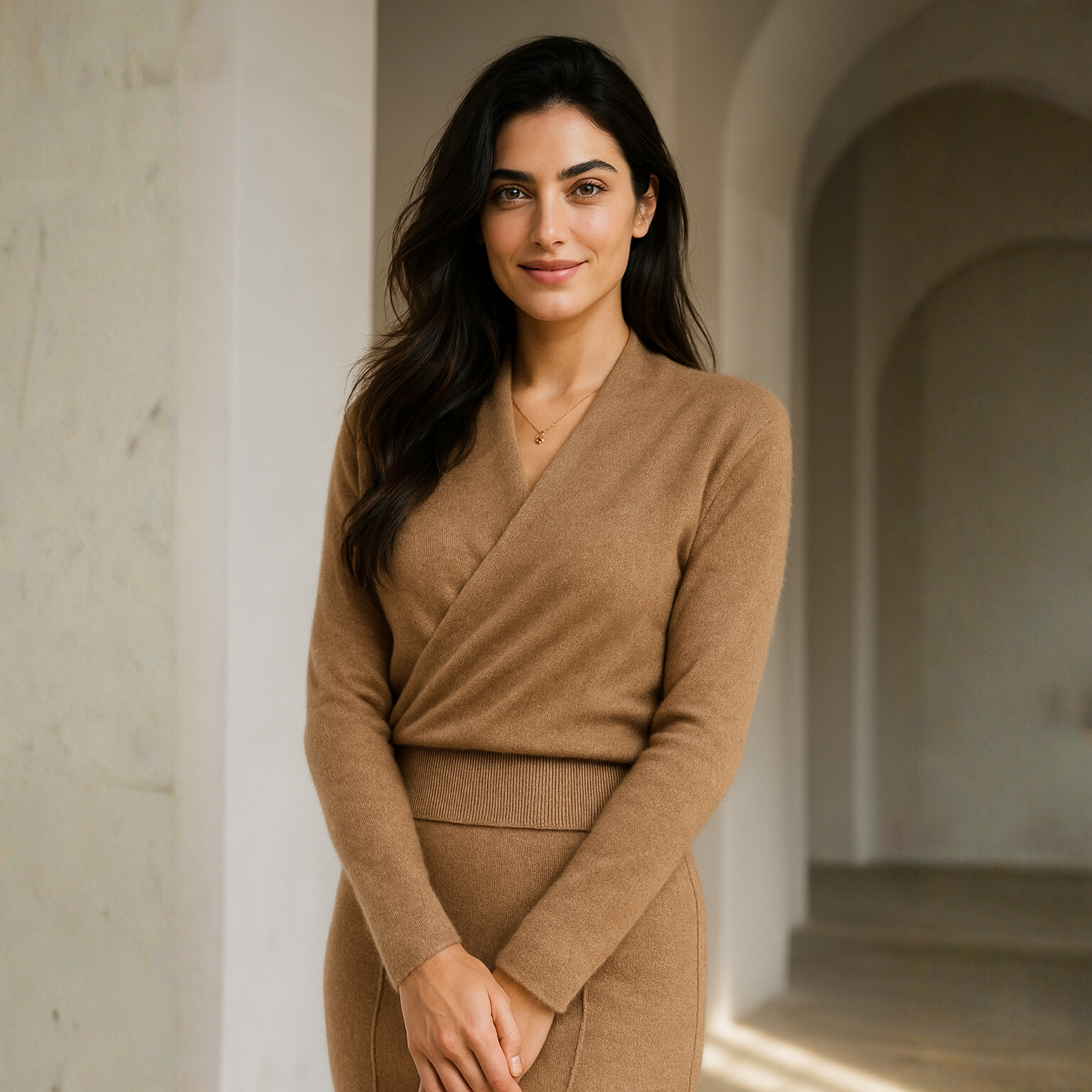 Woman wearing the Helen cashmere sweater for women by Christine Brewer, showcasing the soft, cozy knit fabric and stylish fit.