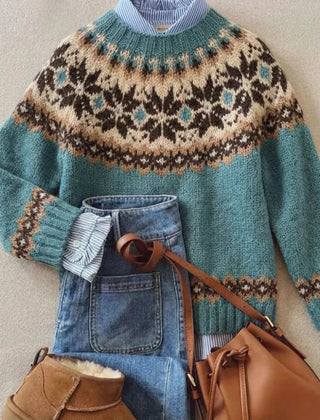 Theodora Nordic sweater for women by Christine Brewer, featuring a cozy knit design with Nordic patterns in neutral tones.