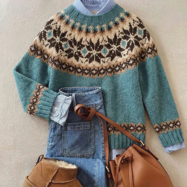 Theodora Nordic sweater for women by Christine Brewer, featuring a cozy knit design with Nordic patterns in neutral tones.