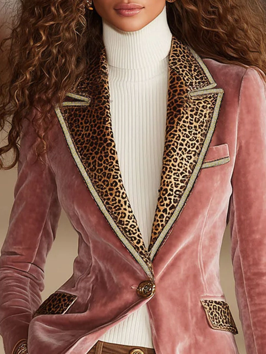Pink velvet leopard print blazer with one button from Christine Brewer, stylish jackets and blazers for a chic look.