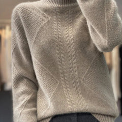 Selena cable knit turtleneck sweater for women by Christine Brewer, featuring a cozy, stylish design in natural fiber and texture.
