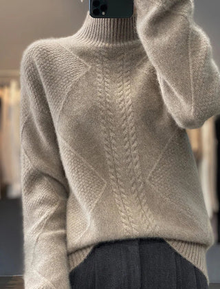 Selena cable knit turtleneck sweater for women by Christine Brewer, featuring a cozy, stylish design in natural fiber and texture.