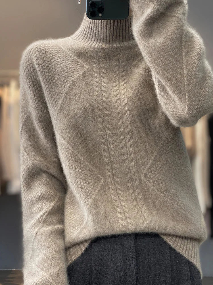 Selena cable knit turtleneck sweater for women by Christine Brewer, featuring a cozy, stylish design in natural fiber and texture.