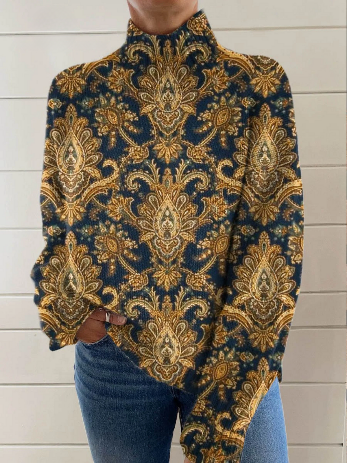 Andrea floral graphic sweater for women by Christine Brewer, featuring colorful floral print on cozy knit fabric.