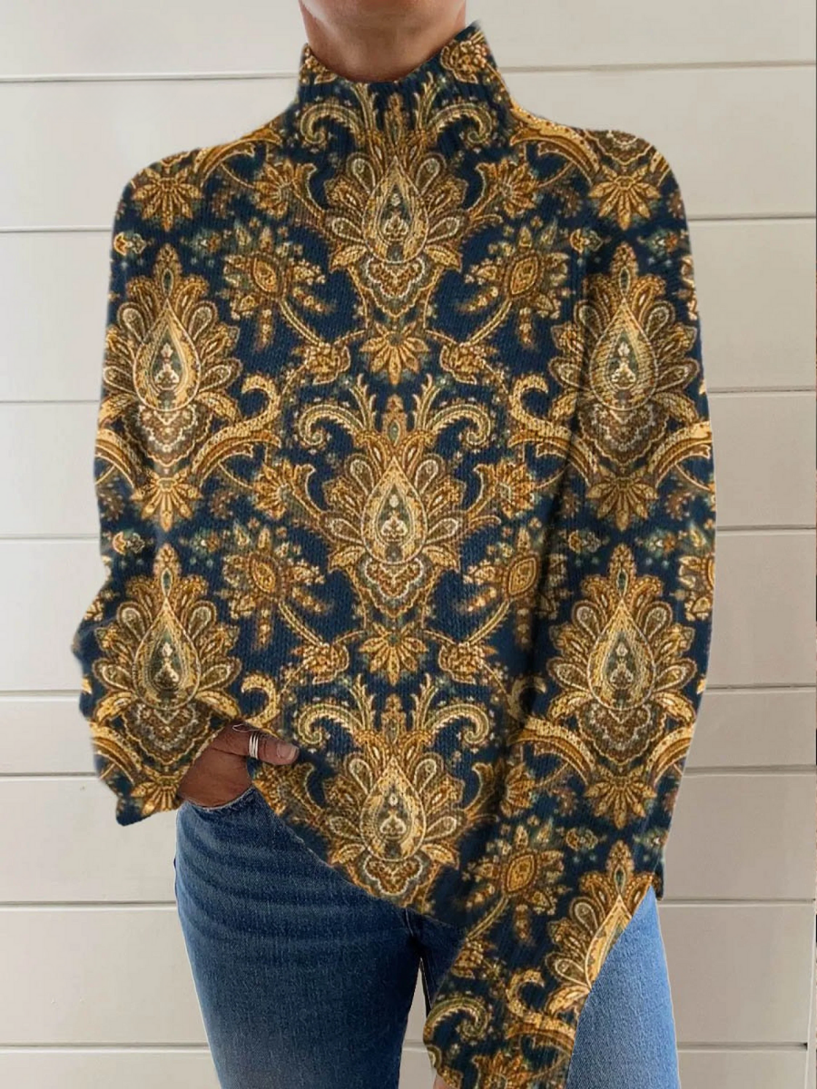 Andrea floral graphic sweater for women by Christine Brewer, featuring colorful floral print on cozy knit fabric.
