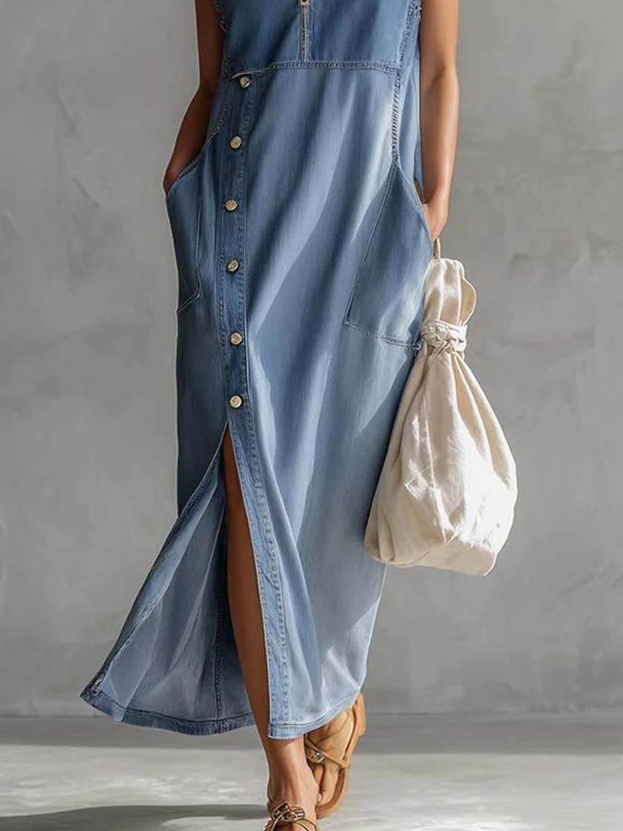Blue denim V-neck midi dress by Christine Brewer, casual dress with a relaxed fit and stylish V-neck design.