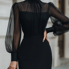 Elegant high-neck sheer-sleeve pencil midi cocktail dress for women by Christine Brewer, showcasing a fitted silhouette and sophisticated style.