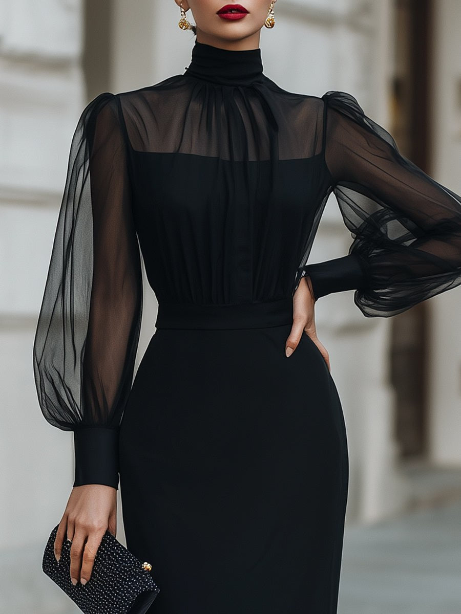 Elegant high-neck sheer-sleeve pencil midi cocktail dress for women by Christine Brewer, showcasing a fitted silhouette and sophisticated style.