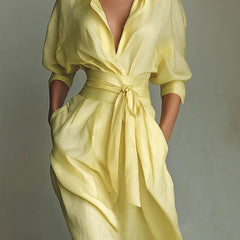 Christine Brewer solid color lapel long sleeve maxi dress with casual pockets and waist-cinching design.