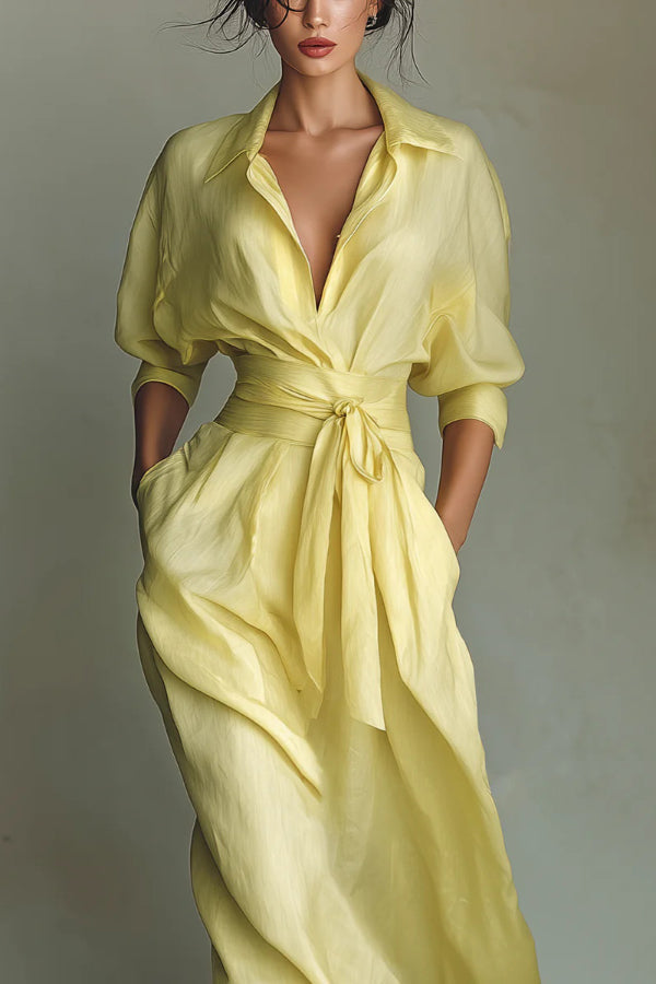 Christine Brewer solid color lapel long sleeve maxi dress with casual pockets and waist-cinching design.