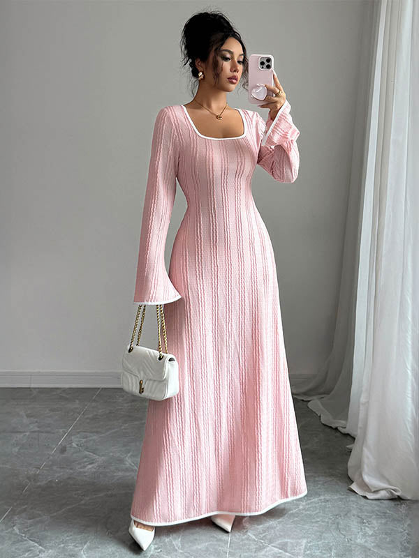 White Christine Brewer A-Line bodycon ribbed knit maxi dress with split joints and square neckline, displayed on a hanger.