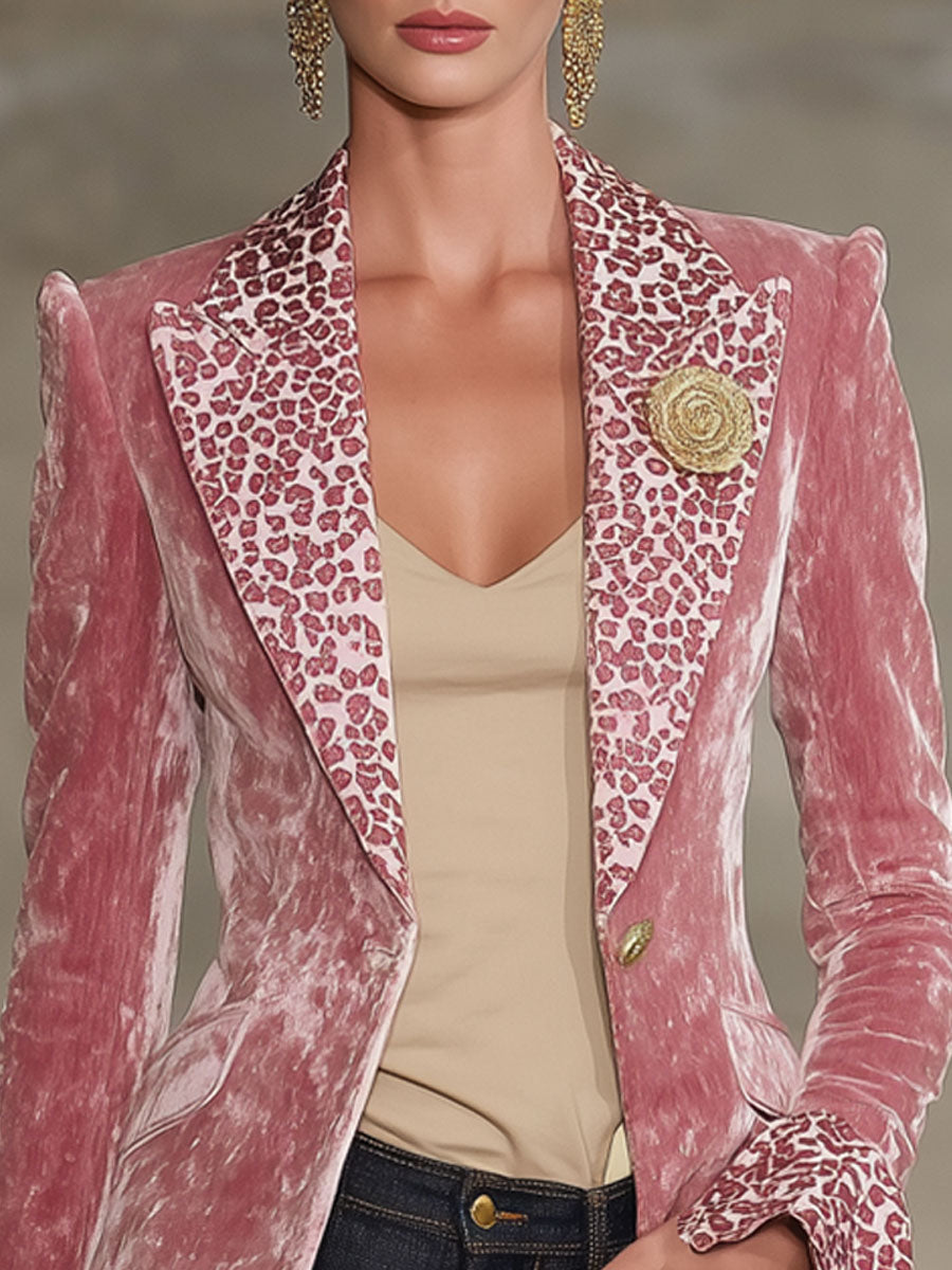 Pink contrast leopard print velvet blazer with lapel from Christine Brewer, stylish jackets and blazers for a fashionable look.