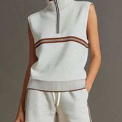 Retro sporty grey and white sleeveless sweatshirt and shorts set by Christine Brewer, casual athletic wear for active occasions.