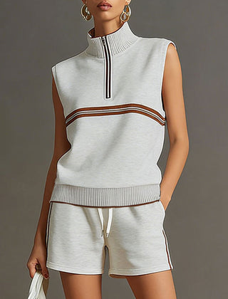 Retro sporty grey and white sleeveless sweatshirt and shorts set by Christine Brewer, casual athletic wear for active occasions.