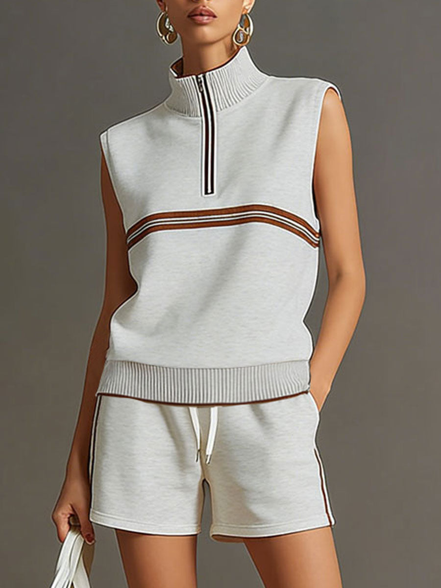 Retro sporty grey and white sleeveless sweatshirt and shorts set by Christine Brewer, casual athletic wear for active occasions.