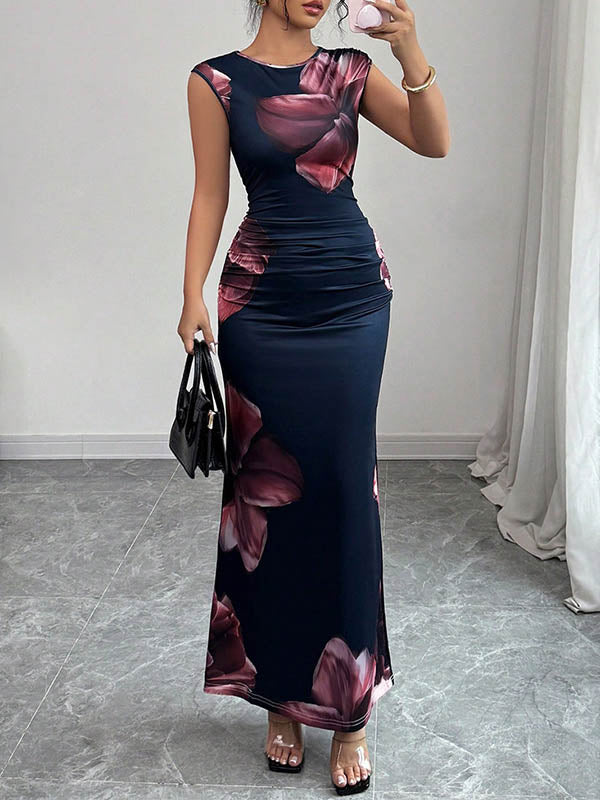Christine Brewer bodycon sleeveless maxi dress with contrast color flower print and round neck, white floral design for elegant summer wear.