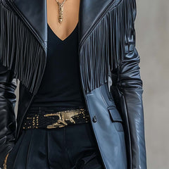 Black faux leather blazer with tassel details and notch lapel from Christine Brewer, stylish jacket with modern design.
