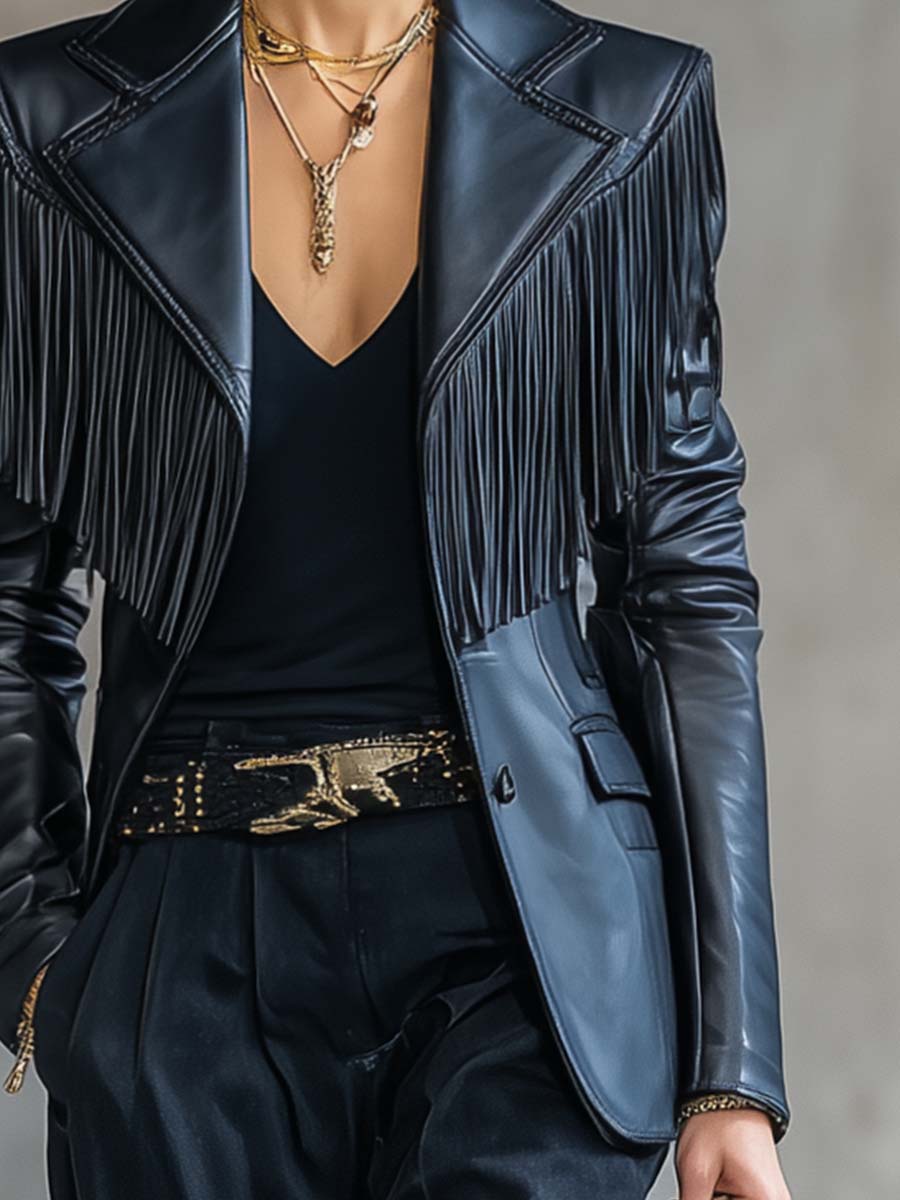 Black faux leather blazer with tassel details and notch lapel from Christine Brewer, stylish jacket with modern design.