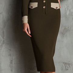 Vintage olive knit midi dress with button-front and contrast trim by Christine Brewer, featuring a stylish, classic design.
