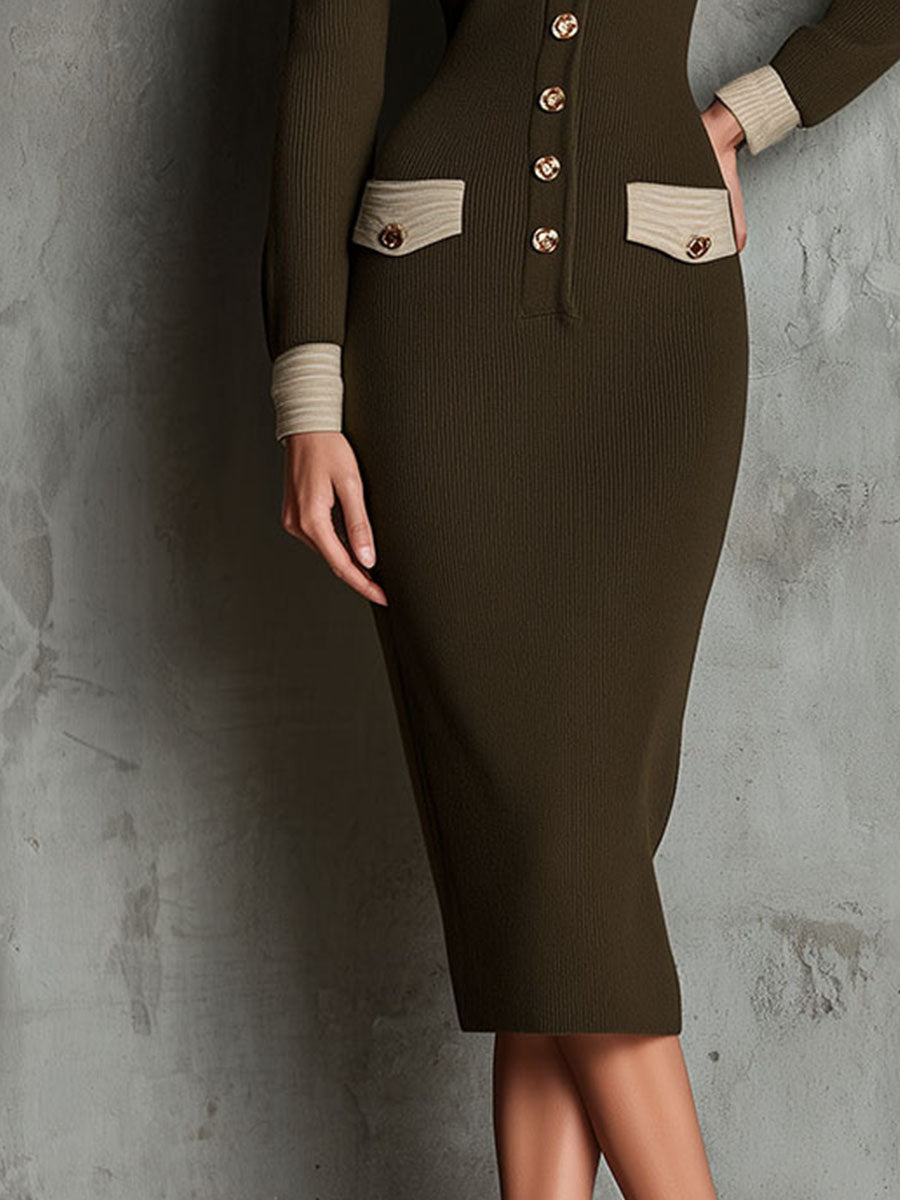 Vintage olive knit midi dress with button-front and contrast trim by Christine Brewer, featuring a stylish, classic design.